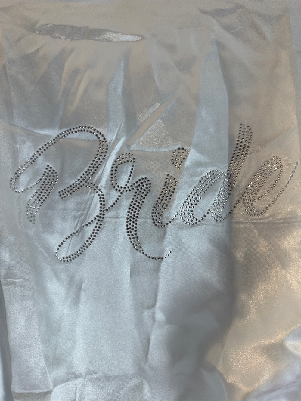 Unlisted White Satin Bride Robe with Rhinestone Script - Picture 2 of 4